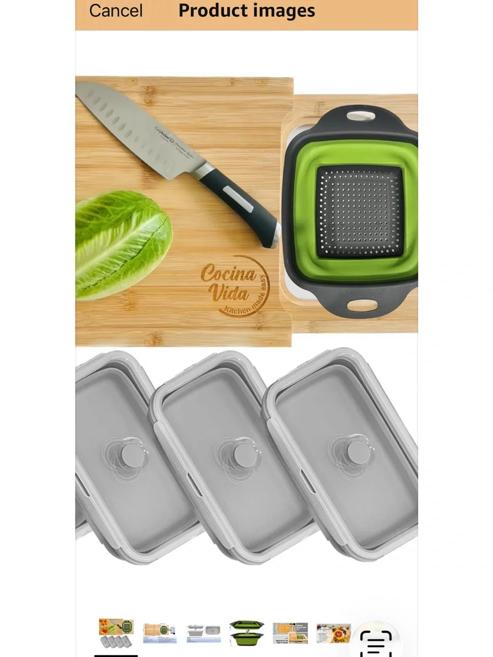 Bamboo cutting board with 3 collapsible container and strainer new